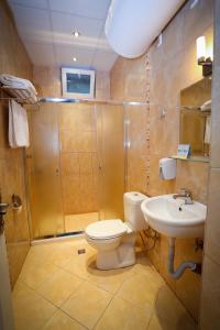 uma casa de banho com um WC, um chuveiro e um lavatório. em Apart Hotel Central em Momchilgrad