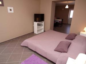 a bedroom with a bed with purple sheets and a tv at Federica A2+1 in Veli Lošinj