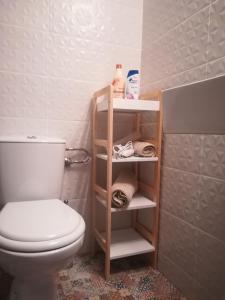 a bathroom with a toilet and a shelf with towels at Port's little gem in Piraeus