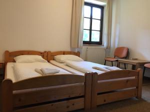 two twin beds in a room with a window at Pension Fontana in Špindlerův Mlýn