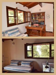 2 fotos de una habitación con un dormitorio y un escritorio en Seaside Villa in Alikes, Chalkida, en Drosiá