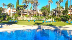 einen Pool in einem Resort mit blauen Stühlen und Palmen in der Unterkunft El Velerín in Estepona