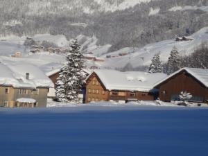 a group of buildings with snow covered roofs at Ferienbauernhof Beer in Schoppernau