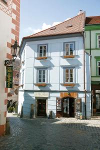 a blue and white building on a cobblestone street at Hotel Leonardo in Český Krumlov