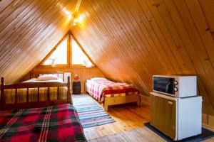 a room with two beds and a tv in a attic at Willa Żbikówka dom w Zakopanem in Zakopane