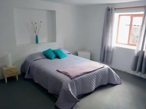 a bedroom with a bed with blue pillows and a window at Casa I Love Huaraz in Huaraz