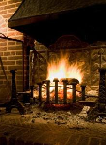 um fogo num forno de tijolos com chamas nele em The George Inn em Robertsbridge