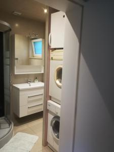 a bathroom with a washing machine and a sink at Rainbow Lodge in Ursel