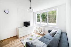 a living room with a blue couch and a tv at Apartament Smętka in Olsztyn