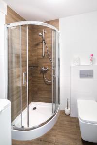 a shower with a glass door in a bathroom at Apartament Smętka in Olsztyn