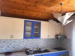 a kitchen with blue cabinets and a wooden ceiling at Aragosta Shengjin 2 in Shëngjin