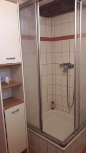 a shower in a bathroom with a tub at Urige Ferienwohnung im Hafen Stralsunds in Stralsund