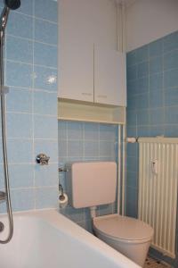 a bathroom with a toilet and a bath tub at Freiwasser Appartment in Glücksburg