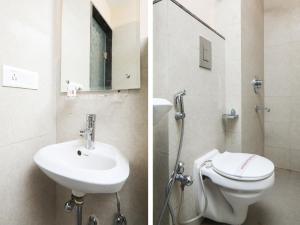 two pictures of a bathroom with a toilet and a sink at Hotel Amar International in New Delhi
