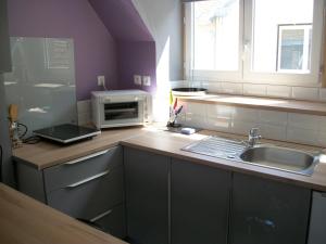 a kitchen with a sink and a microwave at Les Mouettes 3 in Le Tréport