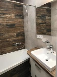 a bathroom with a sink and a bath tub and a mirror at Apartment Kubo in Vranov nad Topľou
