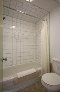 a bathroom with a white tub and a toilet at Motel Marie-Dan in Sainte-Eulalie