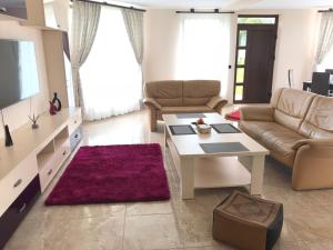 een woonkamer met een bank en een tafel bij Pensiunea Granada in Covasna
