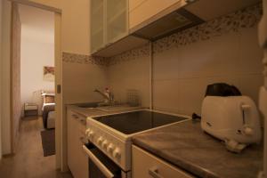 uma cozinha com um lavatório e uma mesa de mistura num balcão em Apartment Drama Center em Belgrado