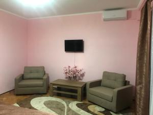 een woonkamer met 2 stoelen en een tv aan een roze muur bij Casa TRANSILVANIA in Oradea