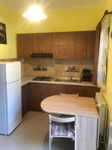 eine Küche mit einem Holztisch und einem weißen Kühlschrank in der Unterkunft Casa TRANSILVANIA in Oradea