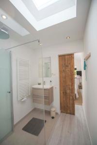a bathroom with a glass shower and a sink at The Bond Studio FREE PARKING in Zandvoort