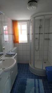 bagno con doccia, lavandino e servizi igienici di Ferienhaus am Eisgraben a Hausen