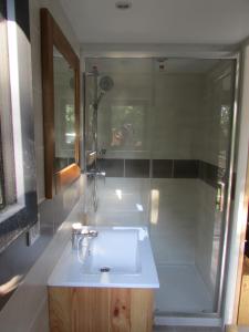 La salle de bains est pourvue d'un lavabo et d'une baignoire. dans l'établissement chez karine et julie, à La Rochette