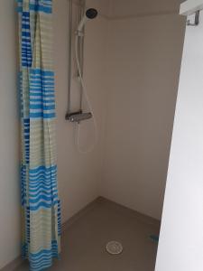 a bathroom with a shower with a shower curtain at Smelyan in Älvkarleby