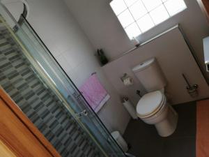 ein Bad mit einem WC und einer Dusche mit einem Fenster in der Unterkunft Studio apartment with private terrace, Jacuzzi & views in Mosta
