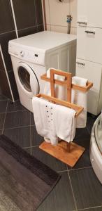 a bathroom with a washing machine and a towel rack at City Inn Apartment in Osijek