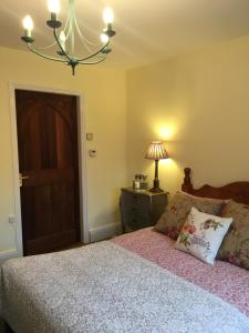 a bedroom with a bed and a chandelier at Richmond Cottage in Chichester