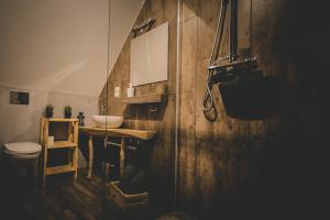 a bathroom with a sink and a toilet at Miętowy Anioł in Ustrzyki Dolne