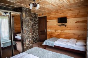 シネヴィルにあるSyniy Vyrのベッドルーム1室(ベッド2台、木製の壁にテレビ付)