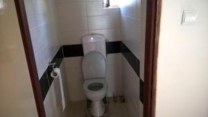 a small bathroom with a toilet in a stall at rodiny dom in Rapovce