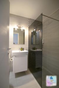 uma casa de banho com um lavatório, um espelho e um chuveiro em 3M Apartment Skopje Center em Skopje