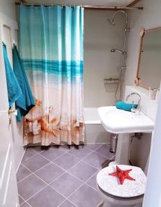 baño con cortina de ducha de estrella de mar y lavamanos en Wellenreiter - das appartment, en Schönhagen 32 fotos más
