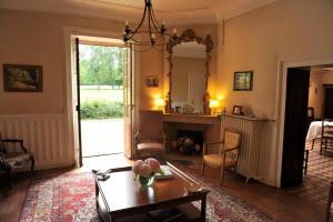 a living room with a table and a mirror at Château de la Venerie in Denicé