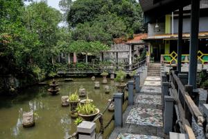茂物的住宿－RedDoorz Plus near Jalan Baru Bogor，一座花园中的池塘,毗邻一座建筑