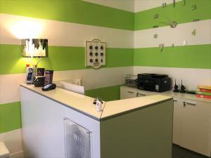 a kitchen with green and white walls and a counter at Moonlight Hotel&Suites in Catania