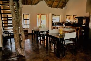 a dining room with a table and chairs and a tree at Lions Place in Grietjie Nature Reserve