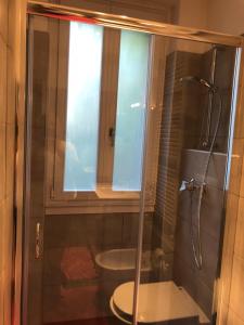 een badkamer met een douche, een toilet en een raam bij Senza pensieri Piazza Marconi in Crema