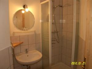 a bathroom with a sink and a shower with a mirror at Espi-Stables Ferienhof Esterhammer in Liebenau