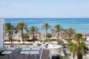 een uitzicht op een strand met palmbomen en witte parasols bij Myseahouse Flamingo - Adults Only 4* Sup in Playa de Palma
