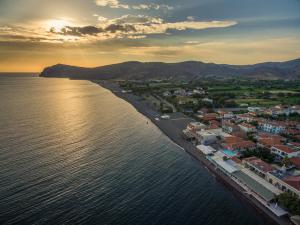 an aerial view of a small town on the water at Galini Hotel in Skala Eresou