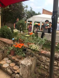 a group of people standing in a garden with flowers at Chez leo in Marboué
