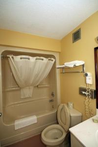 a bathroom with a toilet and a shower and a sink at Super 8 by Wyndham Lancaster in Lancaster