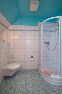 a bathroom with a shower and a toilet and a sink at Hotel Knöpel in Wismar +62 photos
