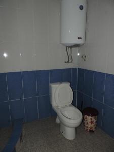 uma casa de banho com um WC numa parede de azulejos azuis em Erasti Guesthouse em Ushguli