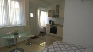 a kitchen with a glass table in a room at Pensionsappartments Blitz in Wiesbaden